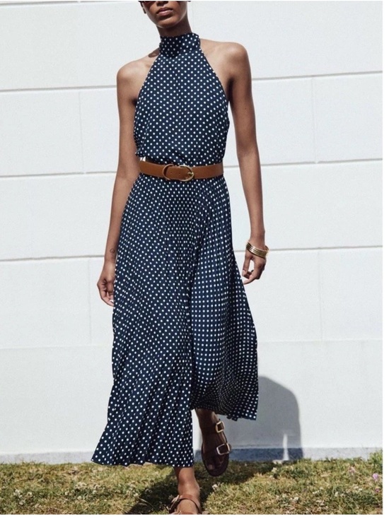 Zara Dresses & Skirts - ZARA Navy Polka Dot Halter Maxi Dress with Brown Belt